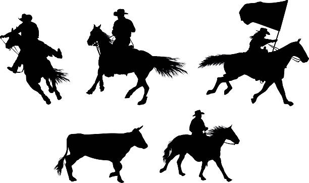 ilustrações, clipart, desenhos animados e ícones de cowboy de rodeio - rodeo cowboy horse silhouette