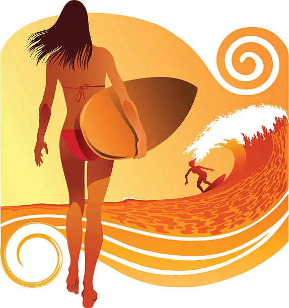 Vector illustration of Surfing Girls