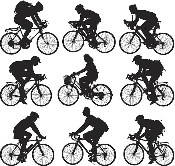 люди кататься на велосипеде - mountain biking silhouette cycling bicycle stock illustrations
