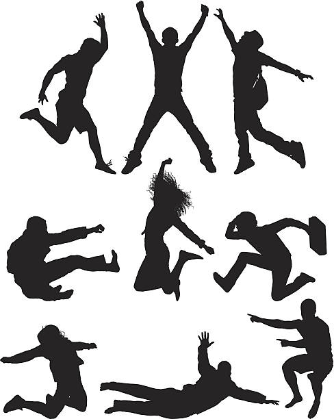 ilustrações, clipart, desenhos animados e ícones de várias silhuetas de saltar no ar - men silhouette arms outstretched freedom