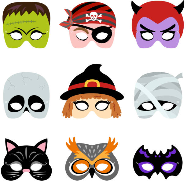 ilustraciones, imágenes clip art, dibujos animados e iconos de stock de halloween máscaras imprimible - witchs hat costume witch holidays and celebrations