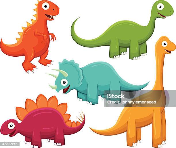 Feliz Dinos - Arte vetorial de stock e mais imagens de Dinossauro - Dinossauro, Banda desenhada - Produto Artístico, Laranja - Cores