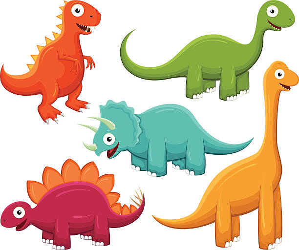 Happy Dinos Vector illustration of five smiling, brightly-colored cartoon dinosaurs: a Tyrannosaurus Rex, a Brontosaurus, a Triceratops, a Stegosaurus and a Brachiosaurus. Illustration uses no gradients, meshes or blends of any kind, only solid color. Each dinosaur is on its own layer, easily separated from the others in a program like Illustrator, etc. Both .ai and AI8-compatible .eps formats are included, along with a high-res .jpg, and a high-res .png with transparent background.  ornithischia stock illustrations