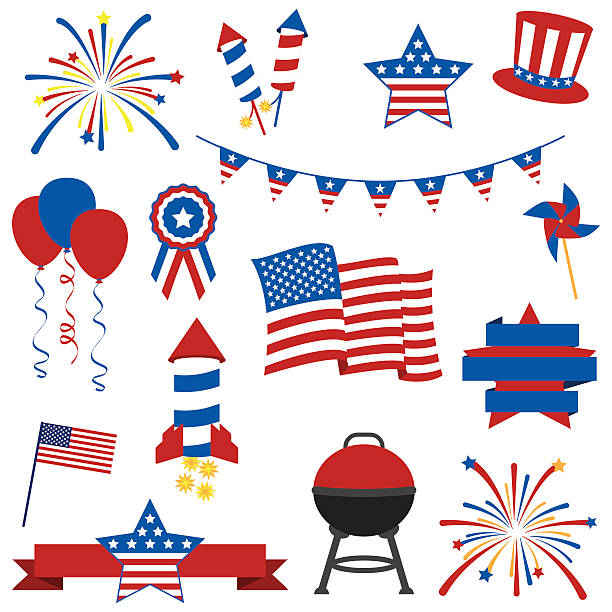 ilustraciones, imágenes clip art, dibujos animados e iconos de stock de vector colección de imágenes del 4 de julio - american flag badge american culture patriotism