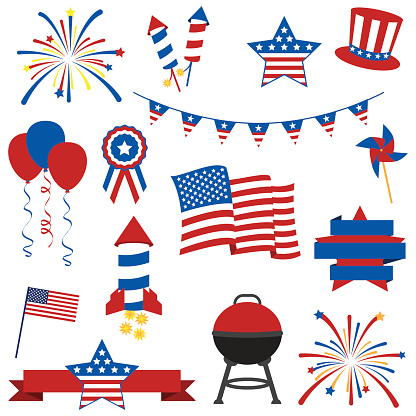 Vector Collection of Fourth of July Items. No transparencies or gradients used. Large JPG included. Each element is grouped individually for easy editing.