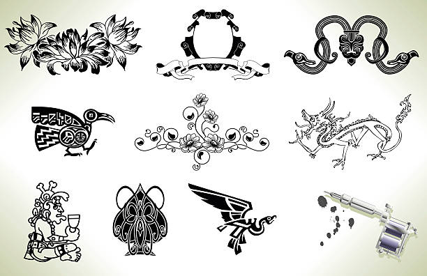 Tattoo flash design elements Series set of tattoo flash design elements with tattooists gun or machine celtic dragon tattoo stock illustrations