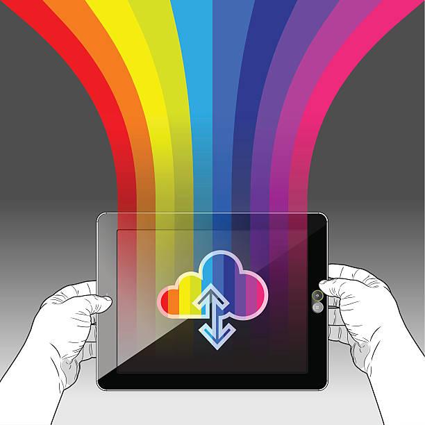 tablet pc-danych chmury rainbow - data mobility downloading digital tablet stock illustrations