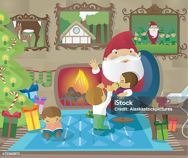 Cute Santa With Kids Stock Illustration - Download Image Now - Border - Frame, Candle, Carpet - Decor