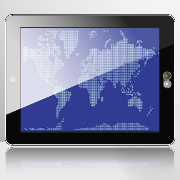 illustrations, cliparts, dessins animés et icônes de carte du monde sur un écran à l'horizontal tablette pc - data mobility downloading digital tablet