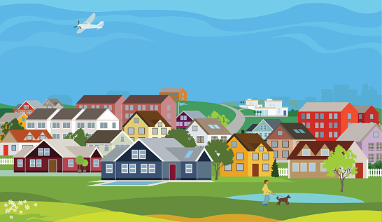 A nice and friendly neighborhood on a sunny day. Lots of different houses - elements on layers makes this illustration easy to edit.
