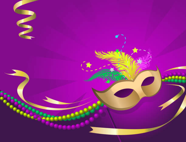 Mardi Gras themed background with a mask and ribbons Party background, with Mardi gras venetian party mask. Package includes ai cs5, ai 10 eps and a hi-res jpeg file. purple and gold masquerade masks stock illustrations