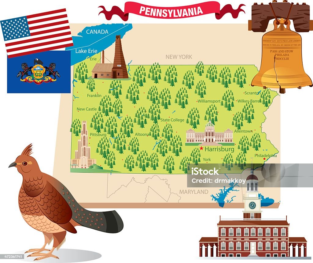 Cartoon map of Pennsylvania Pennsylvania Travel Map stock vector