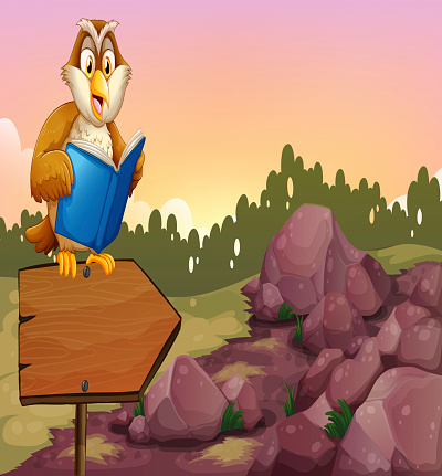 owl reading a book above a wooden arrow board 