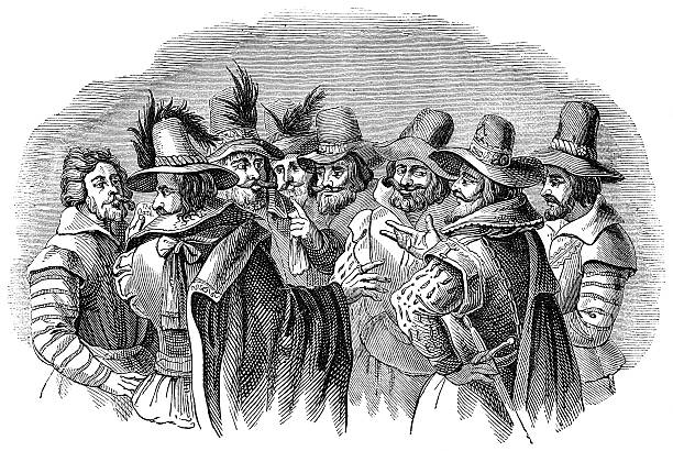 Guy Fawkes and his fellow conspirators An engraved illustration image of Guy Fawkes and his accomplices. The conspirators of the 5th of November Gunpowder plot on Bonfire Night, from a Victorian book dated 1878 that is no longer in copyright firework explosive material illustrations stock illustrations