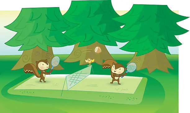 Vector illustration of cute Squirrels are playing tennis.