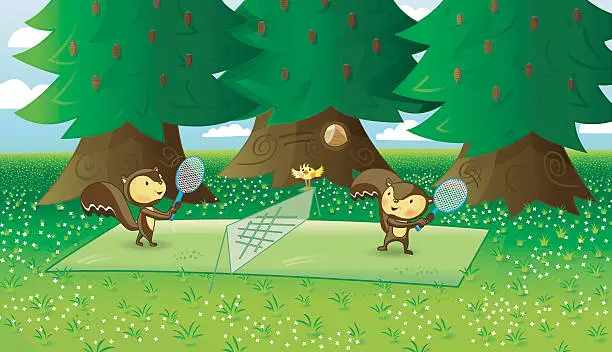 Vector illustration of cute Squirrels are playing tennis (details/meadow).