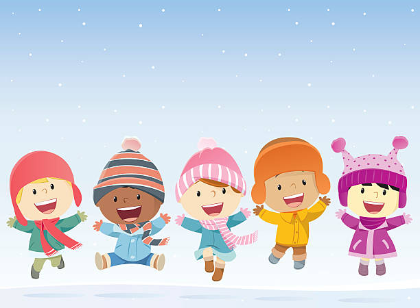 illustrazioni stock, clip art, cartoni animati e icone di tendenza di bambini saltare nella neve - christmas child