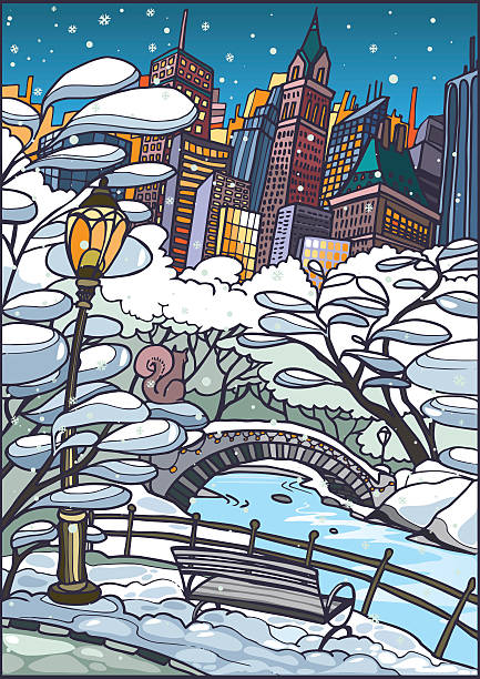 冬のセントラルパーク - snow winter bench park点のイラスト素材／クリップアート素材／マンガ素材／アイコン素材