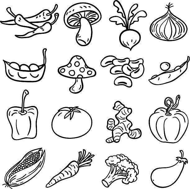 ilustrações, clipart, desenhos animados e ícones de coleção de legumes em preto e branco-ilustração - mushroom edible mushroom fungus symbol
