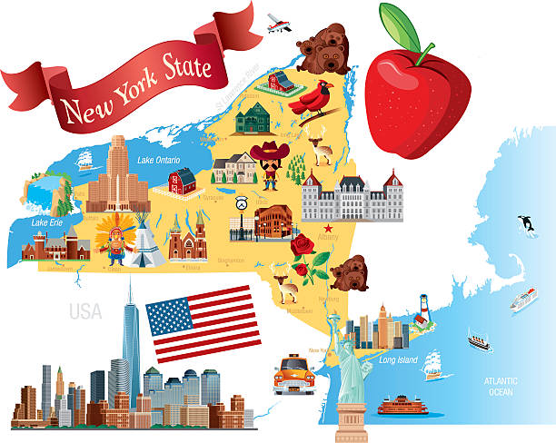 illustrazioni stock, clip art, cartoni animati e icone di tendenza di fumetto mappa dello stato di new york - ferry new york city ellis island new york state