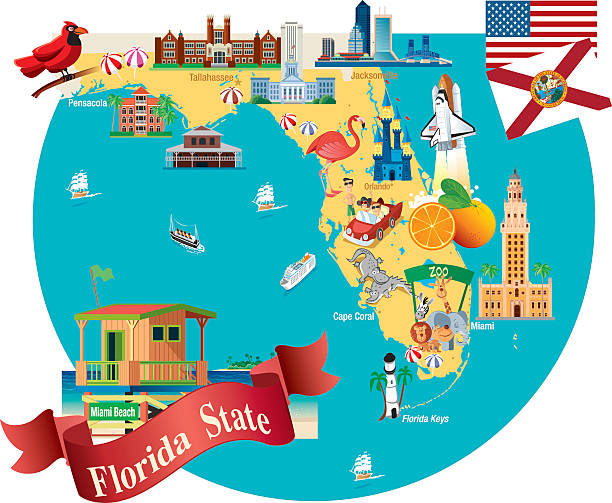 illustrazioni stock, clip art, cartoni animati e icone di tendenza di fumetto mappa della florida - florida state