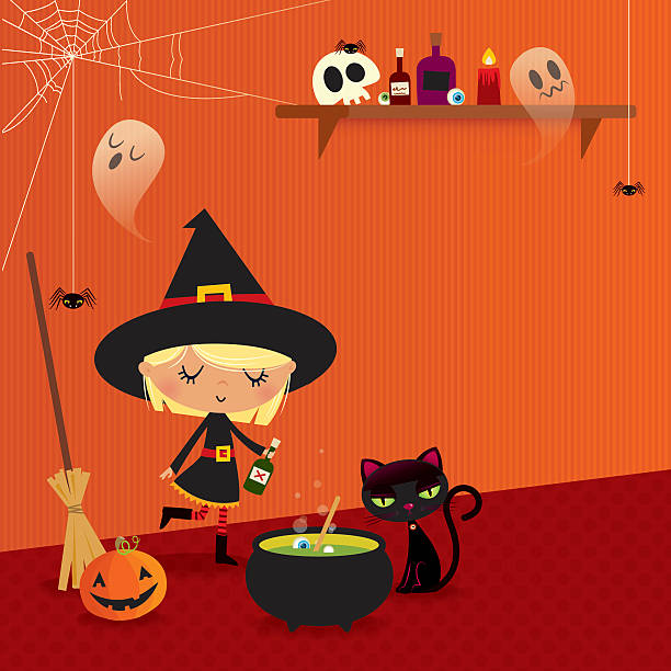 Witch brews a potion vector art illustration