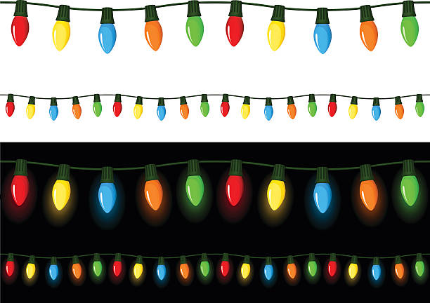 Christmas Lights Vector illustration of strings of colored Christmas lights, against both a white and a black background (with a non-transparent glow behind the bulbs on the black background). Each string can be connected seamlessly to itself to the left or right to create longer strings of lights. Illustration uses linear and radial gradients. Both .ai and AI8-compatible .eps formats are included, along with a high-res .jpg, and a high-res .png (with a transparent background rather than white) string stock illustrations