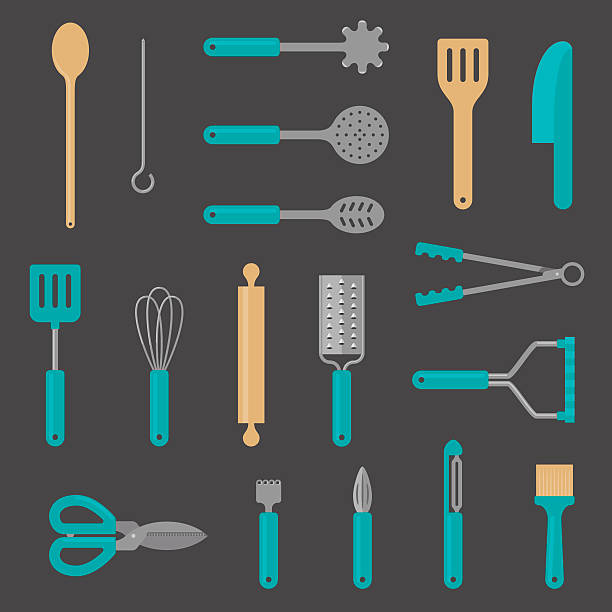 Kitchen Utensil Flat Icons Set of eighteen kitchen utensils drawn in a simple, flat icon style. Includes wooden spoon, skewer, spaghetti strainer, straining spoon, slotted spoon, wooden spatula, silicone spatula, plastic spatula, whisk, rolling pin, grater, tongs, masher, scissors, zester, juicer, peeler and basting brush – all on labelled layers. silicon stock illustrations