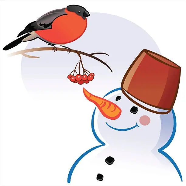 Vector illustration of Bullfinch and a snowman