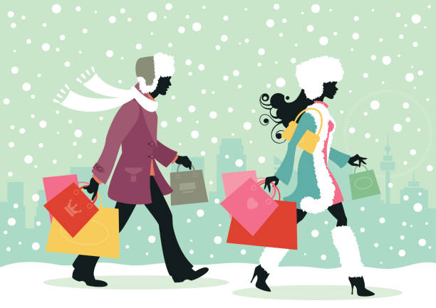 mode-frau und männer kaufen sie in der stadt weihnachtsgeschenke - shopping christmas women retail stock-grafiken, -clipart, -cartoons und -symbole