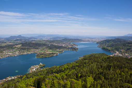 Large view of Annecy lake landscape in France and mountains