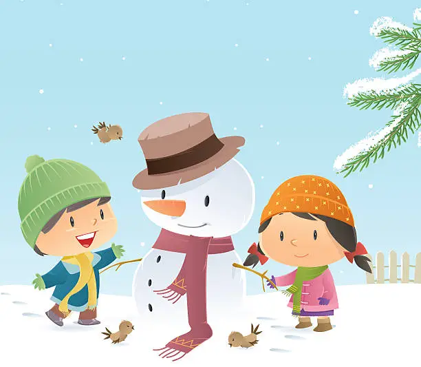 Vector illustration of Snowman and kids