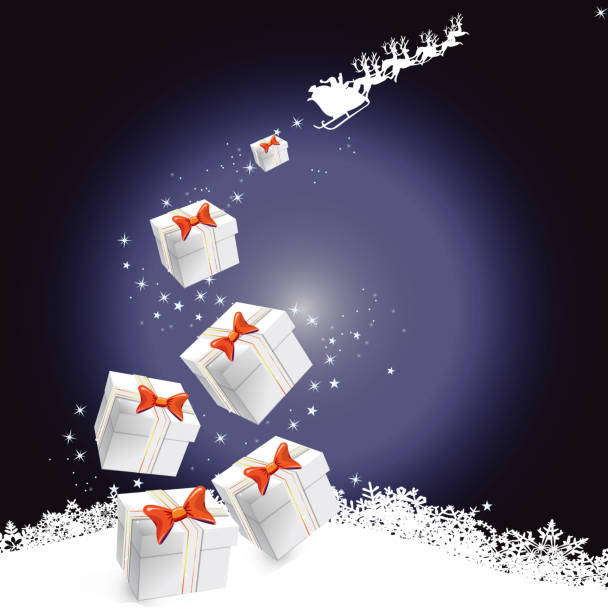 istock blue christmas background with gifts, stars, Santa and reindeer 472364983