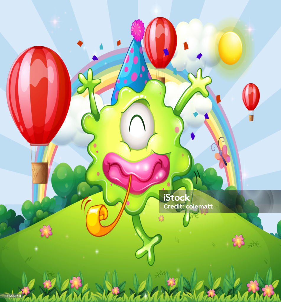 hilltop with a happy monster jumping Alien stock vector