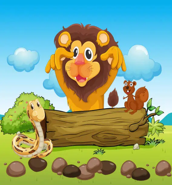 Vector illustration of scary lion, snake and small squirrel