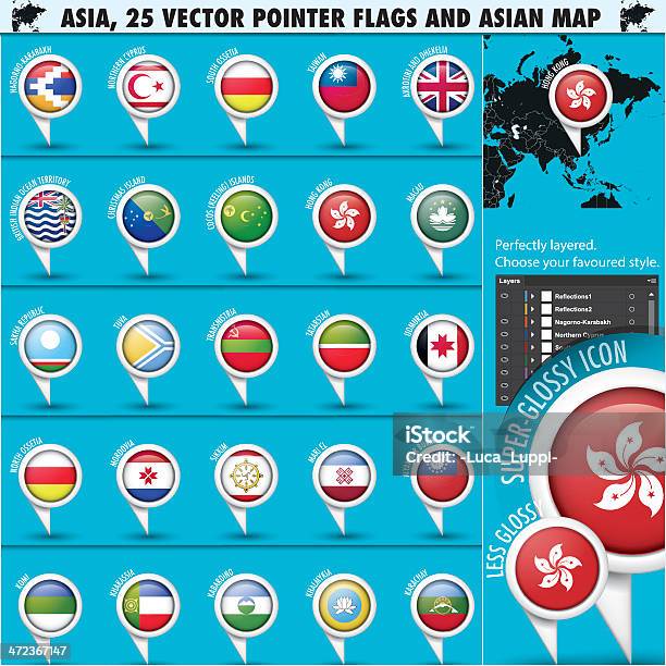 Vetores de Ásia Mapa E Bandeiras Pointer Ícones Set3 e mais imagens de Akrotiri - Akrotiri, Bandeira, Cabárdia-Balcária