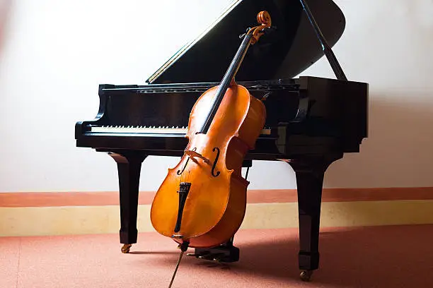 Classical music concept: violin leaning on a piano