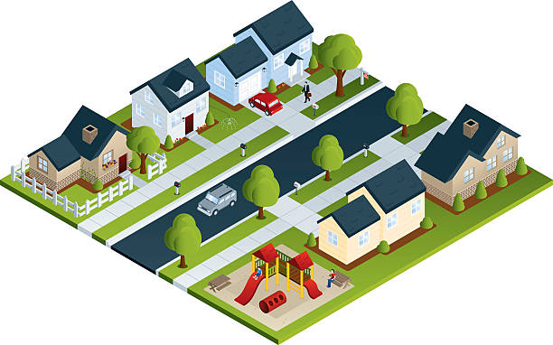 Community Neighborhood Isometric neighborhood. All colors are global. yard grounds illustrations stock illustrations