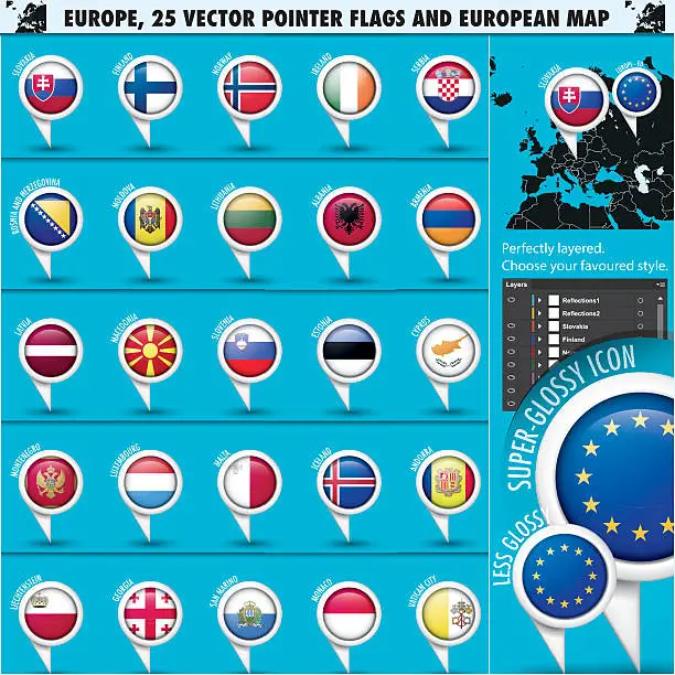 Vector illustration of European Icons Round Indicator Flags and Map Set2