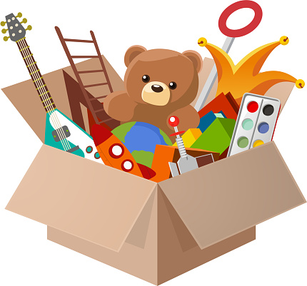 Toy Box, with Teddy Bear, Guitar, Ball, Watercolor, clown, robot. Vector illustration cartoon.