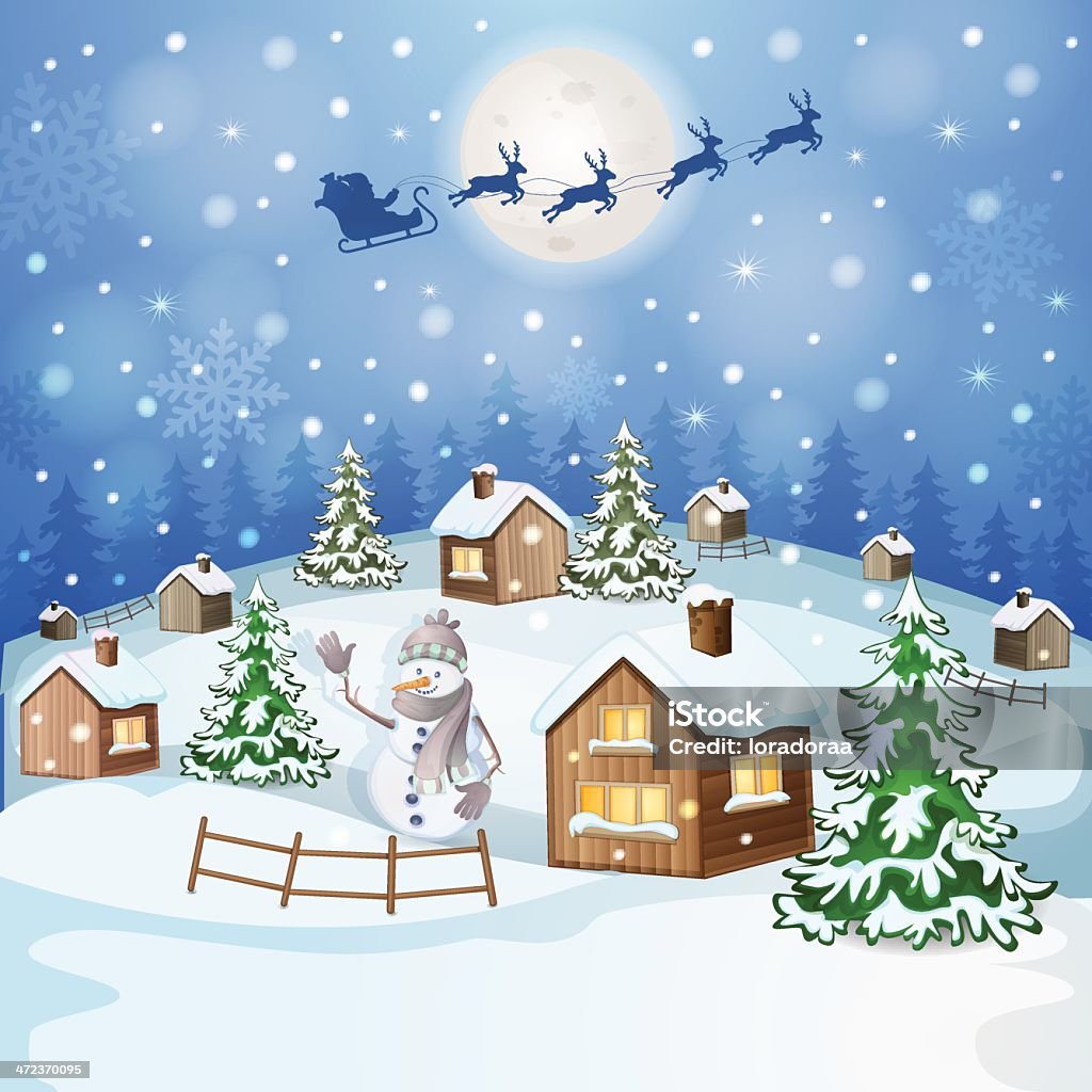 Winter landscape Winter landscape with Santa Claus's sleigh flying on the sky . Adult stock vector