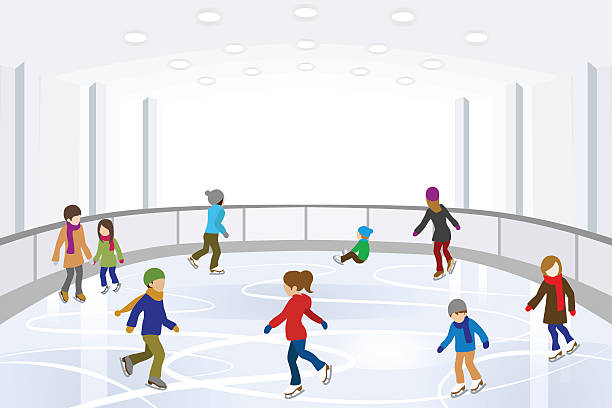 stockillustraties, clipart, cartoons en iconen met people skating on indoor ice rink - binnenopname
