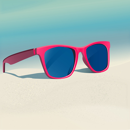 The illustration of beautiful sunglasses on the seashore. Vector image.