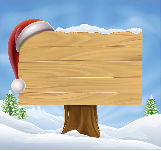 인공눈 풍경 크리스마스 산타 모자 팻말 - chris snow stock illustrations