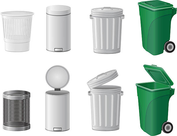 illustrazioni stock, clip art, cartoni animati e icone di tendenza di cestino e dustbin set icone illustrazione vettoriale - garbage can