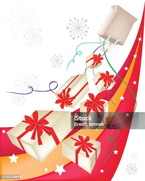 Подарочные Коробки С Красной Лентой На Красивом Фоне — стоковая векторная графика и другие изображения на тему Бумажный пакет