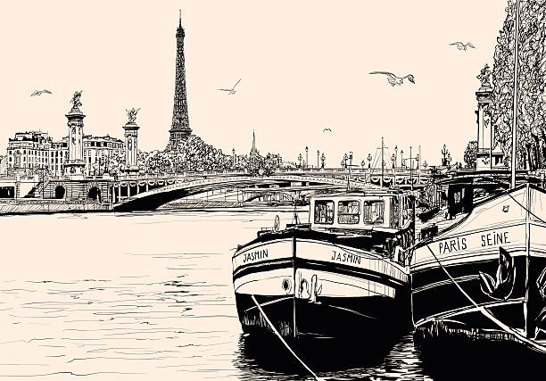 река сена в париже с эйфелевой башни баржи и - paris france panoramic seine river bridge stock illustrations