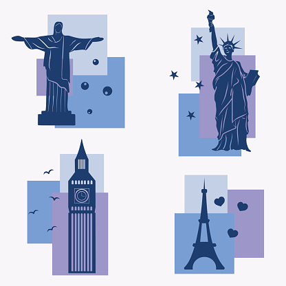 Different world landmarks illustration, vector icons set