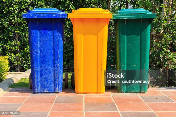 Three Colors Recycle Bins At Public Park Stock Photo - Download Image Now - 2015, Basket, Blue