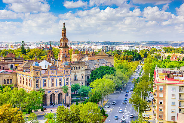 landscape skyline shot of seville, spain in the spring - sevilla i̇li stok fotoğraflar ve resimler